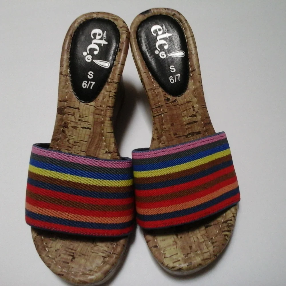 Y2K Vintage Multicolor Rainbow Woven Silver Stud Canvas Cork‎ Espadrille Wedges